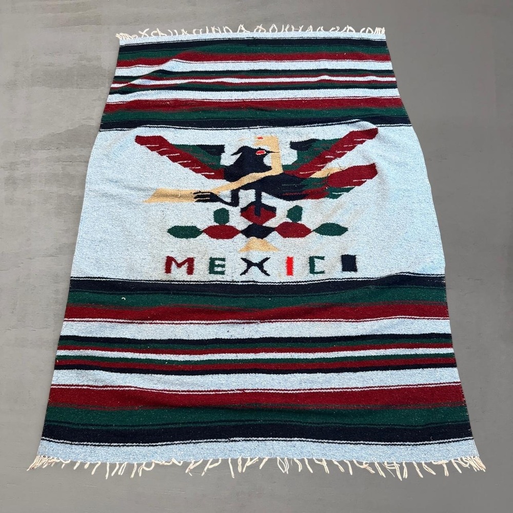 Vintage Mexico Serape Tapestry Blanket Blue Eagle Snake Striped Rug 48 x 68